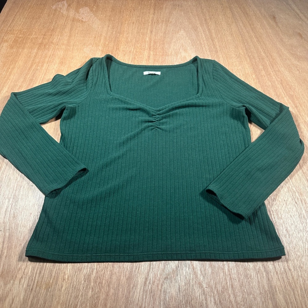 Madewell Top Women XL Green Sweetheart Ribbed Long Sleeve Cinched NI061